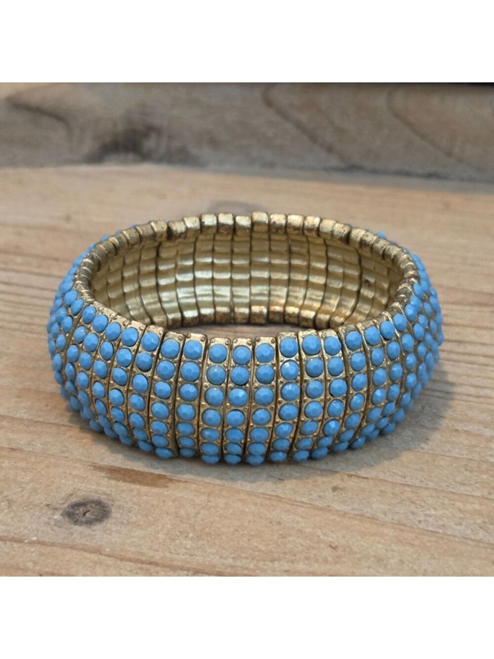 Blue Beaded Wide Gold Tone Stretch Bracelet